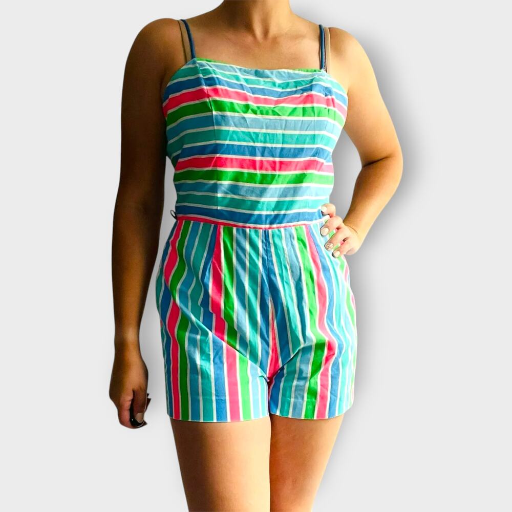 Sea Waves Romper Striped Neon Playsuit Swimsuit 1970s Vintage Size 12 (Small)